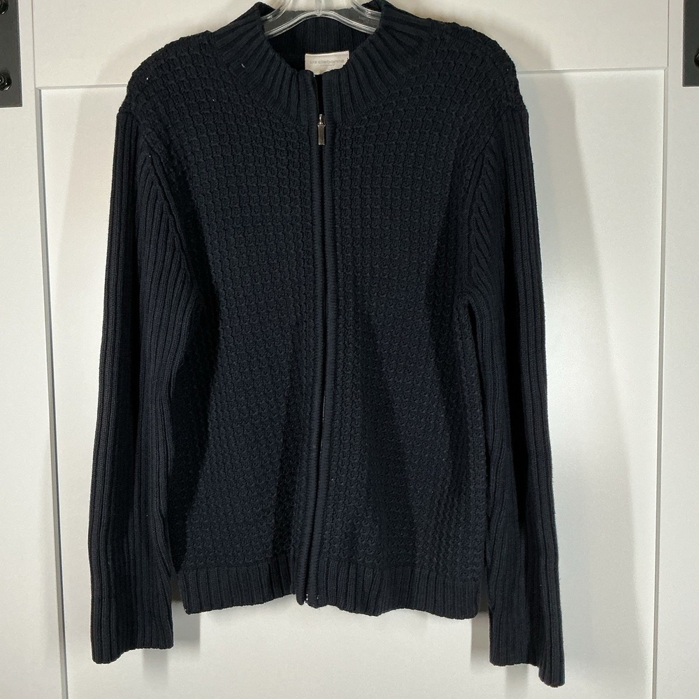 Liz Claiborne Womens Zip-Up Sweater Navy Lg Fisherman Nautical‎ Cozy Cableknit